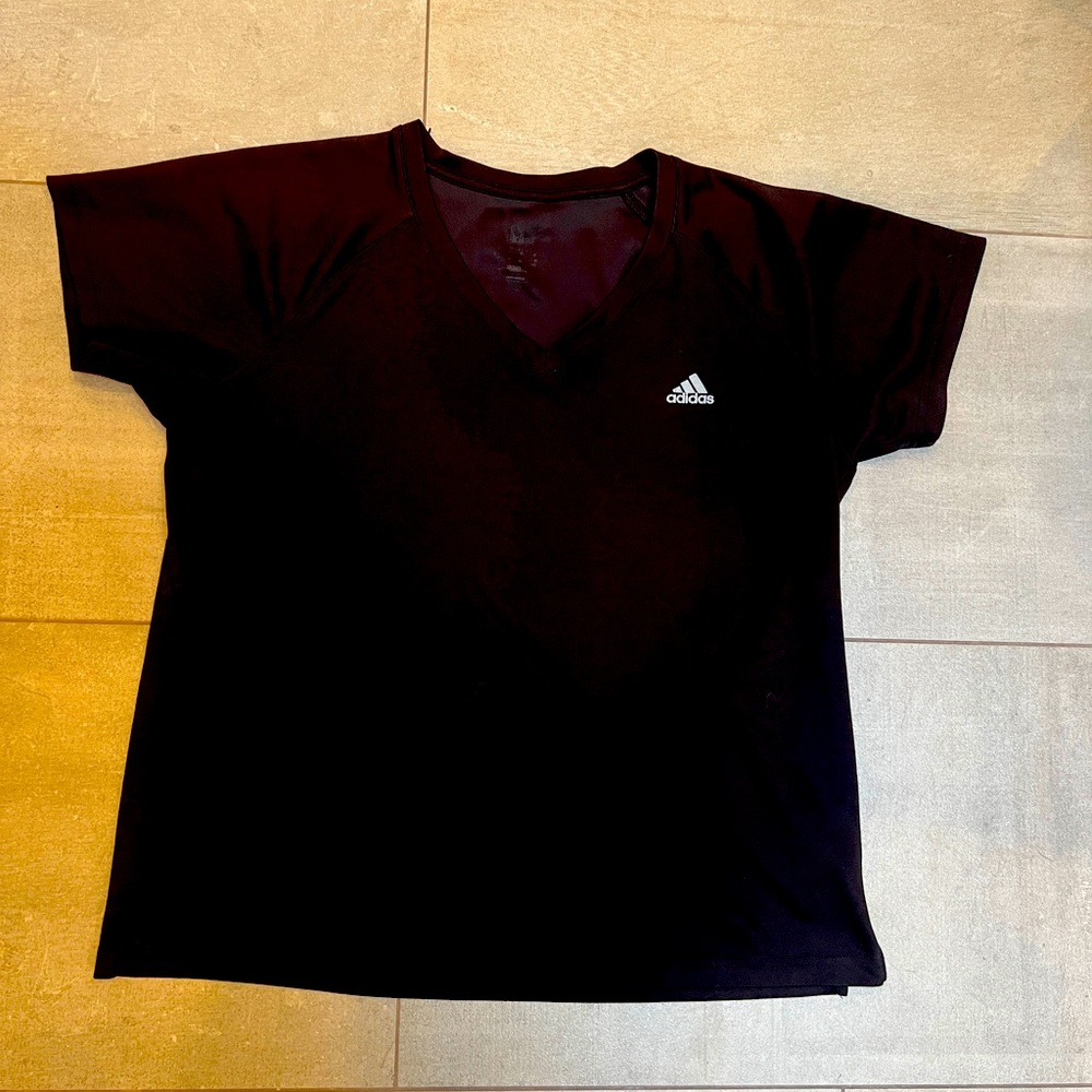 Adidas black v neck workout top w reflective stripes on back for visibility